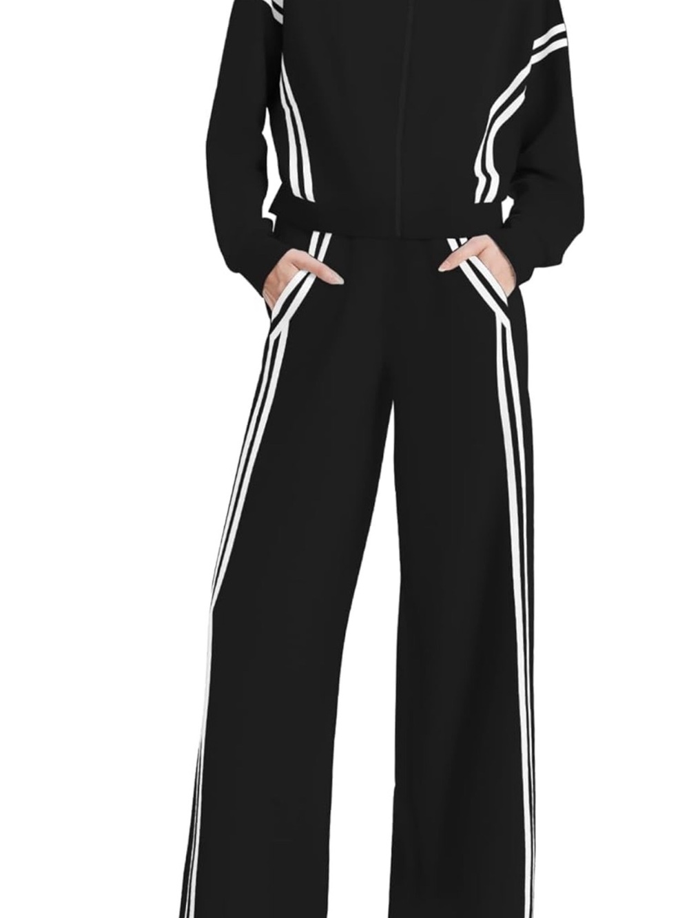 Black Wide-Leg Track Pants with White Side Stripes